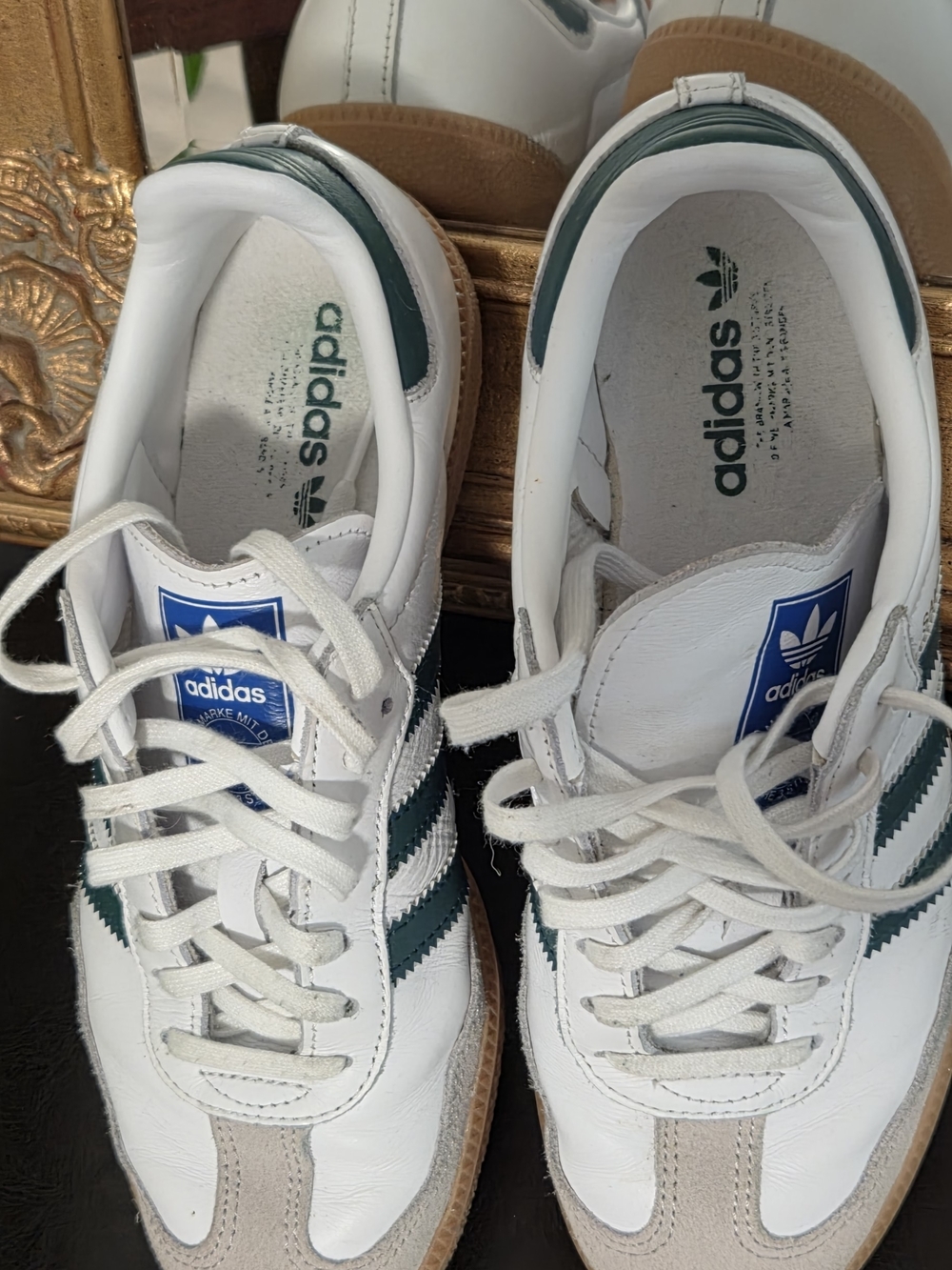 adidas White Sneakers with Green Stripes and Blue Tongue Patch